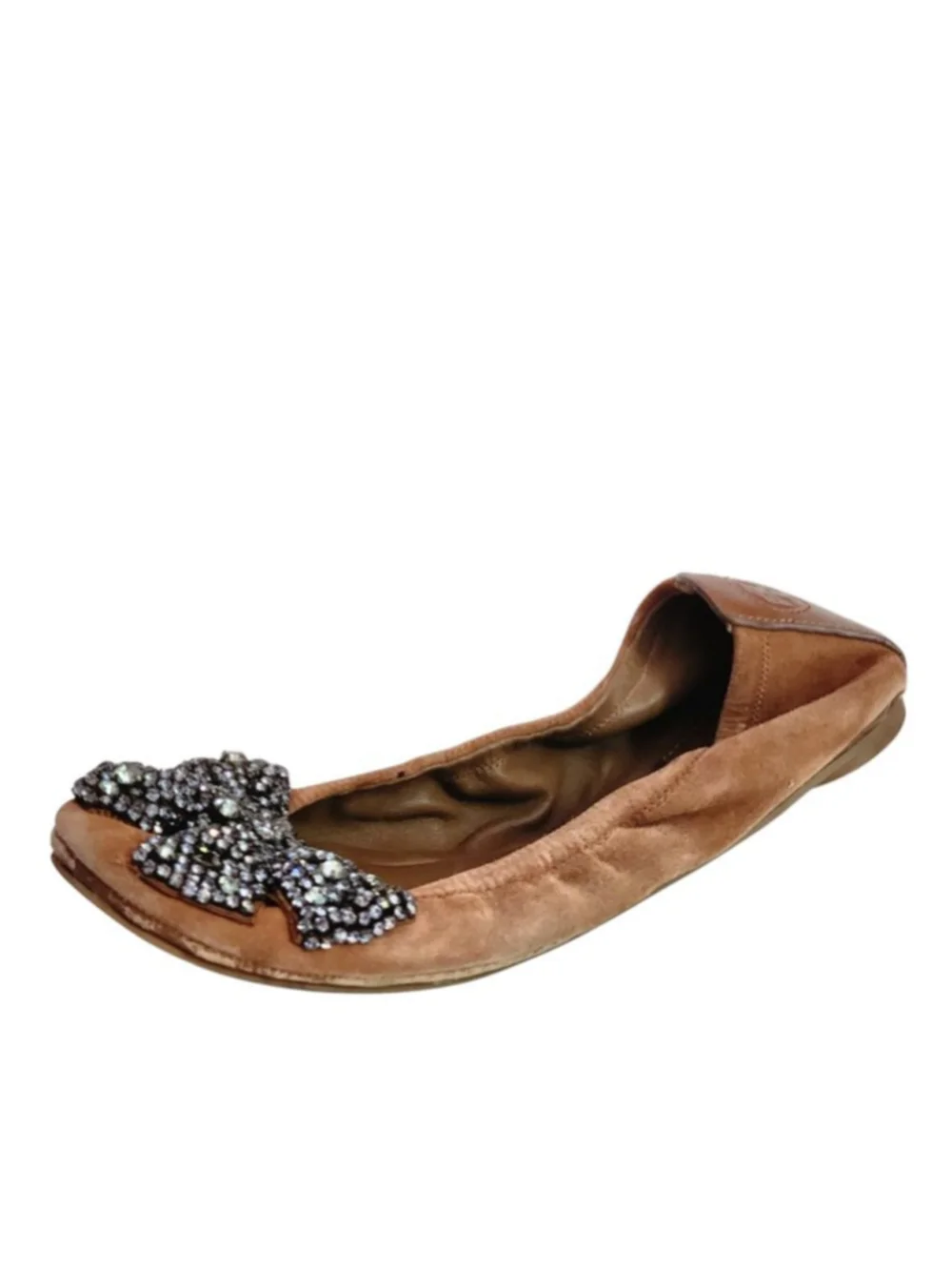 TORY BURCH Eddie‎ Brown Suede Ballet Flats Embellished Bows Rhinestones Size 7